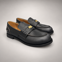 Black top-grain cow leather emblem loafers, pair