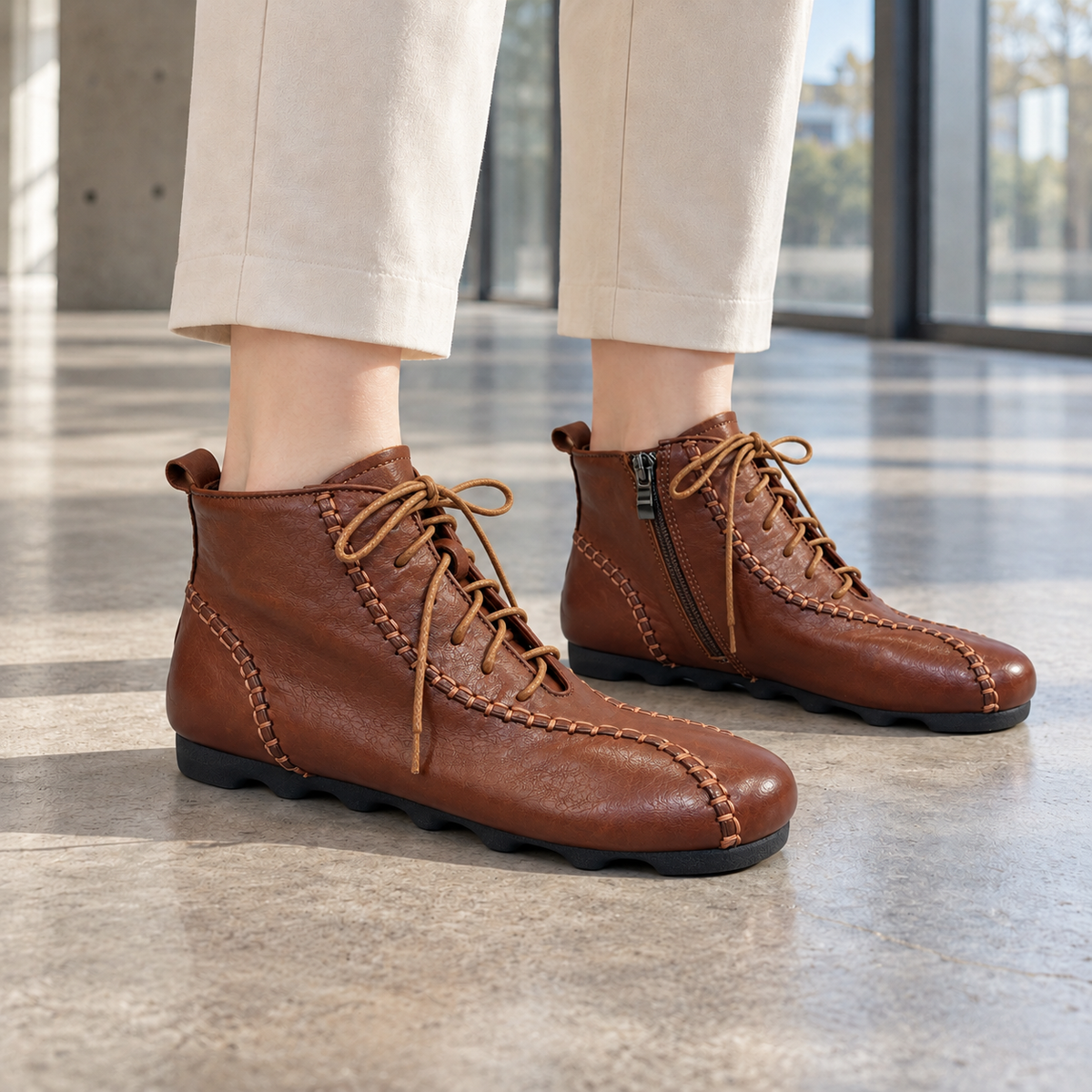 Brown Washed Cowhide Whipstitch Zip Ankle Boots