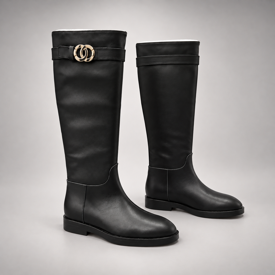 Black Gold-Accent Knee-High Leather Boots
