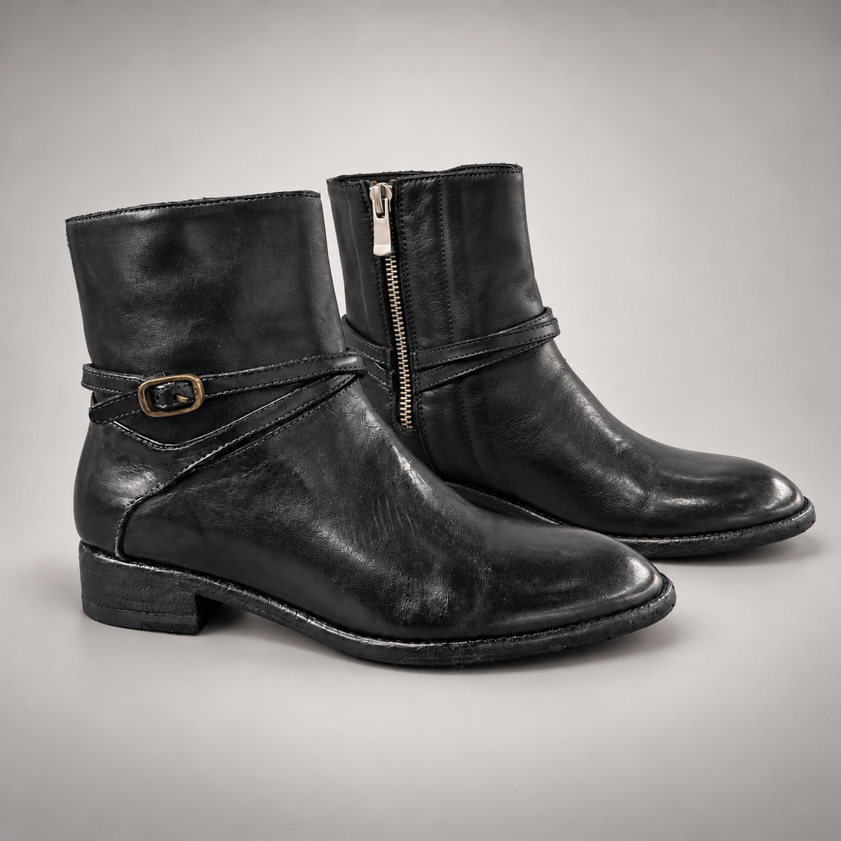 Black Washed Horse Leather Wraparound Buckle Ankle Boots