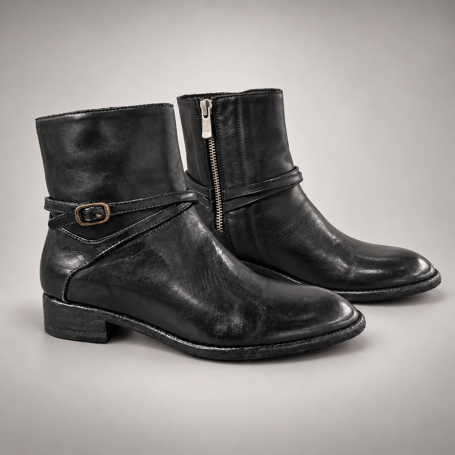 Black Washed Horse Leather Wraparound Buckle Ankle Boots