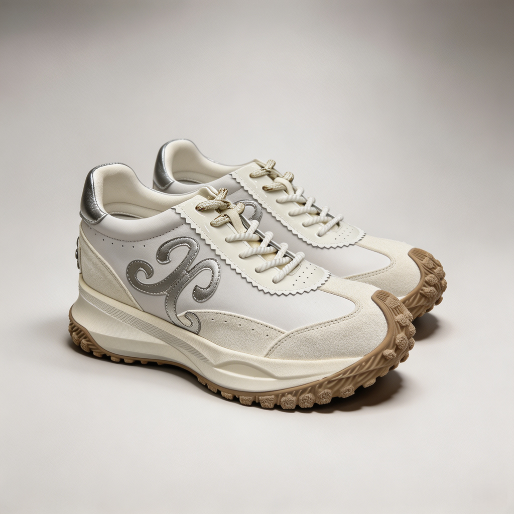 Silver sneaker pair three-quarter view showing a panelled lace-up upper