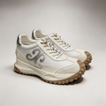 Silver sneaker pair three-quarter view showing a panelled lace-up upper