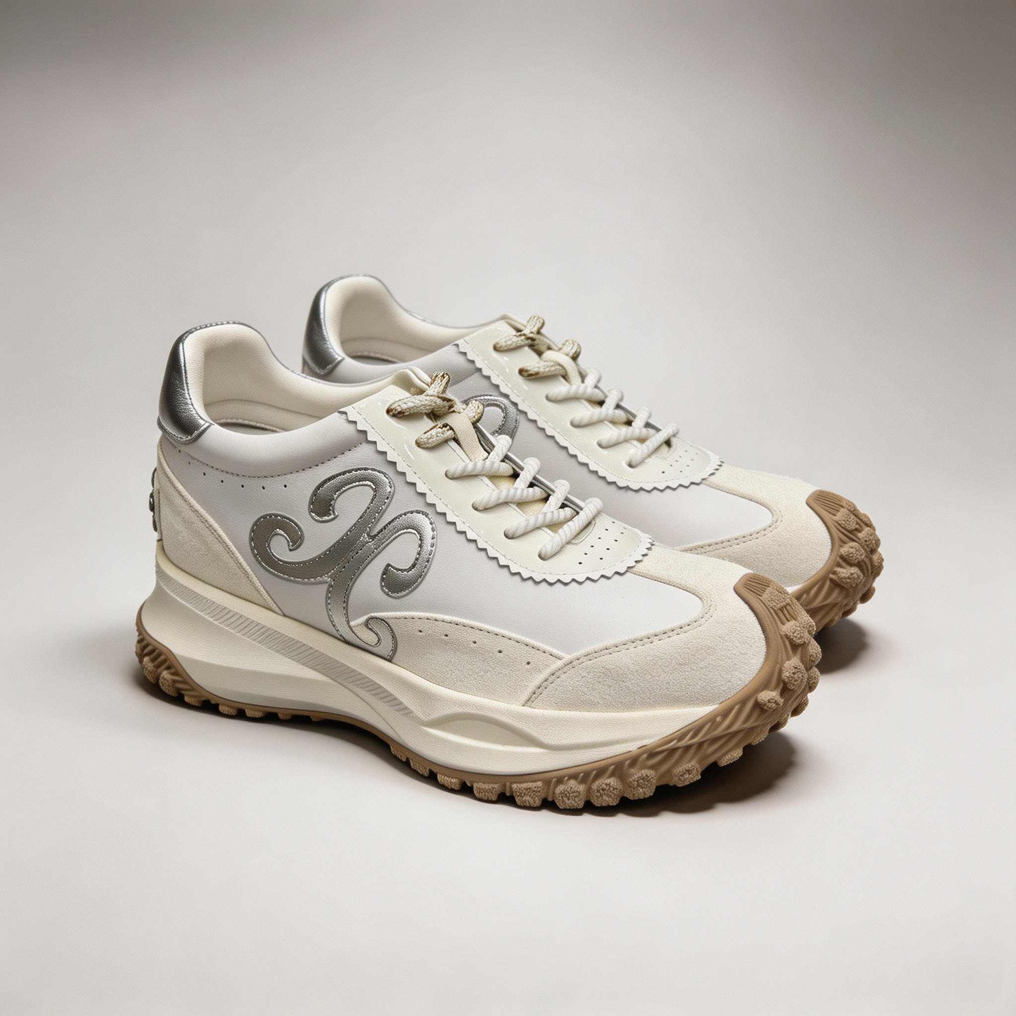 Silver sneaker pair three-quarter view showing a panelled lace-up upper