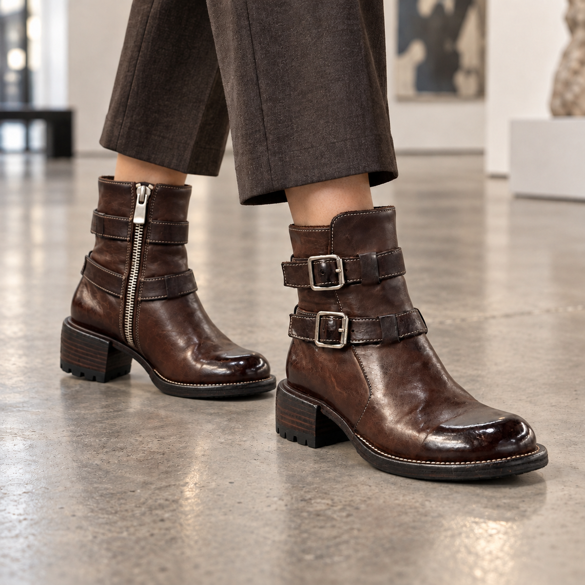 Dark Brown Washed Horse Leather Double-Buckle Ankle Boots