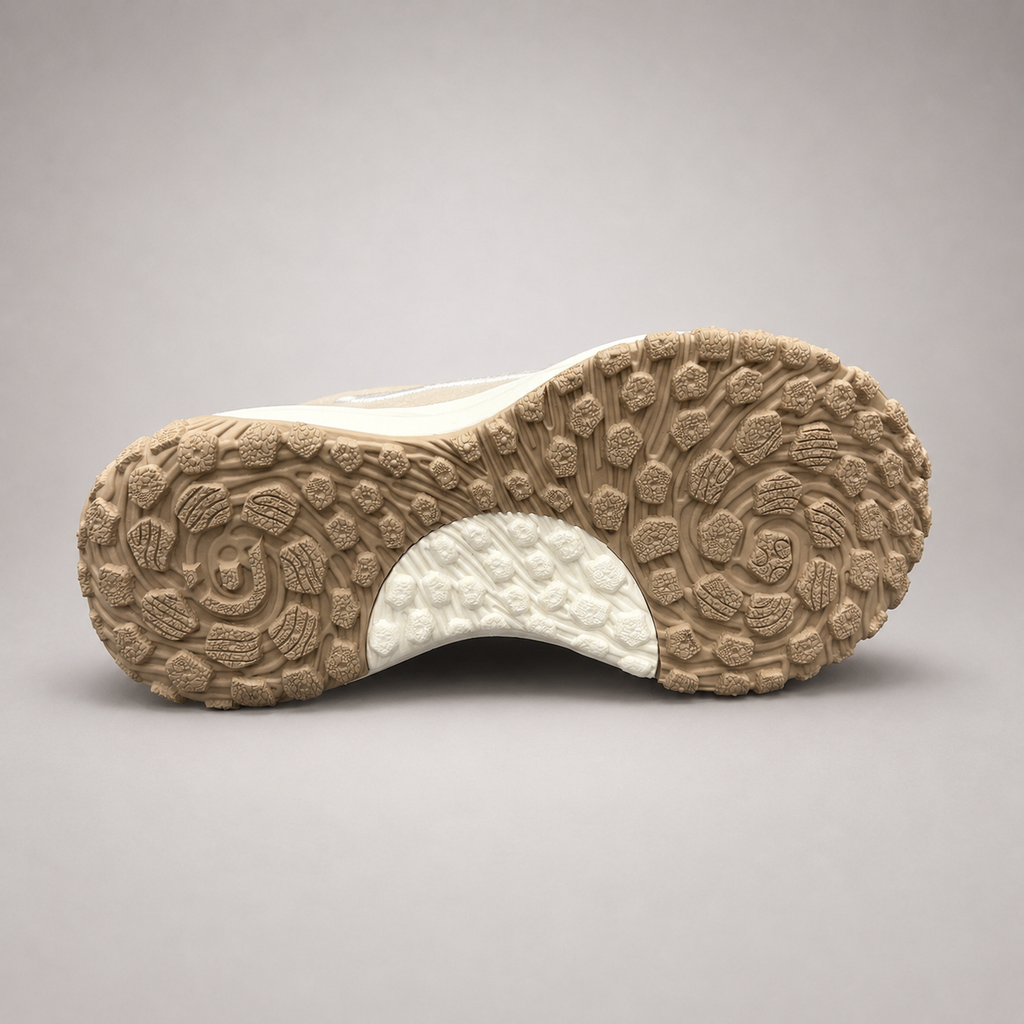 Beige sneaker outsole view showing the rubber outsole