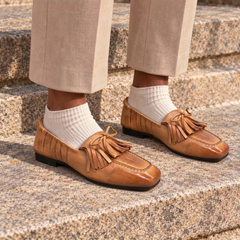 Tan Washed Cowhide Tassel Loafers