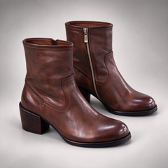 Brown Washed Horse Leather Side-Zip Block-Heel Ankle Boots