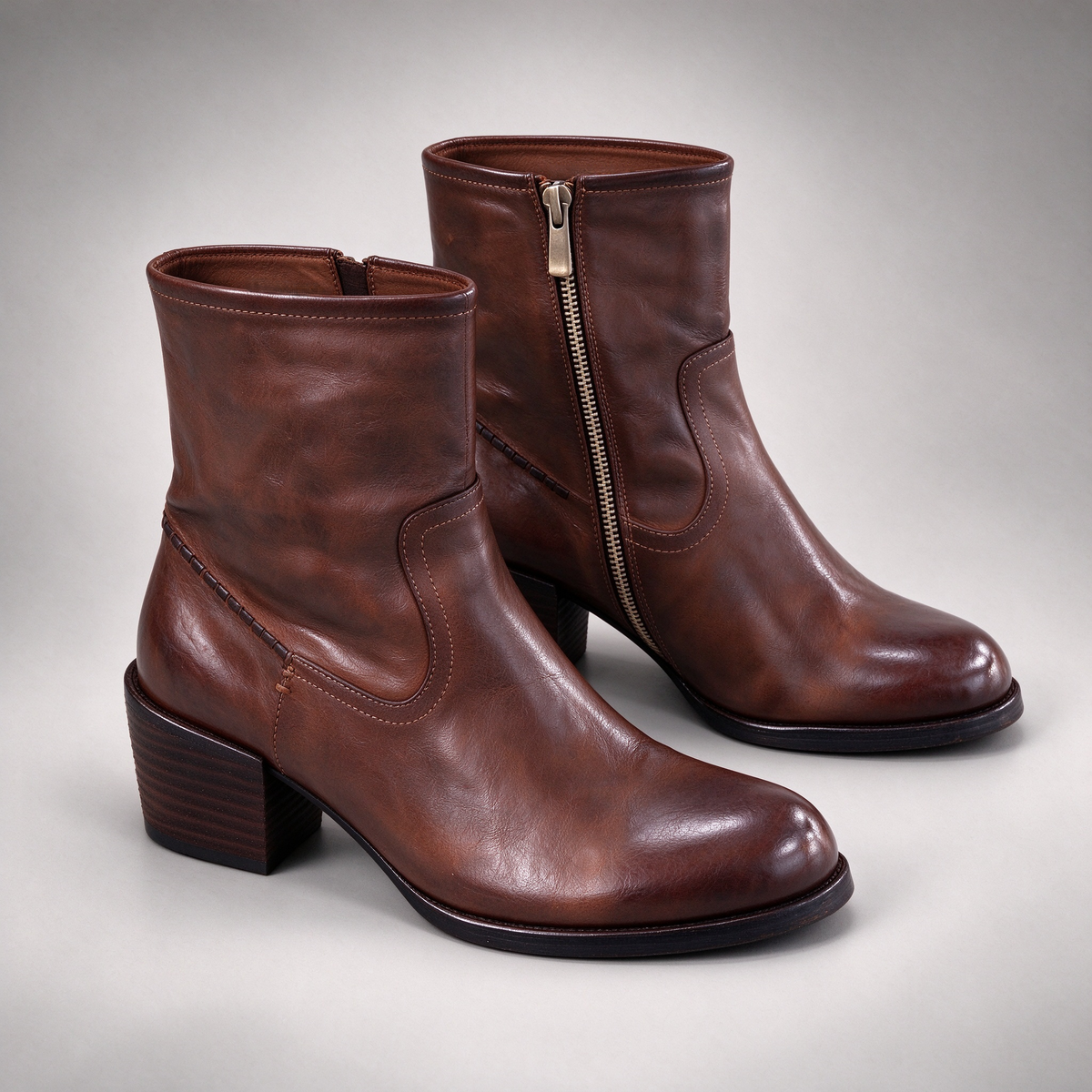 Brown Washed Horse Leather Side-Zip Block-Heel Ankle Boots