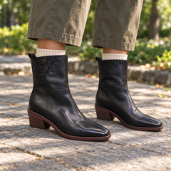 Black Washed Cowhide Block-Heel Ankle Boots