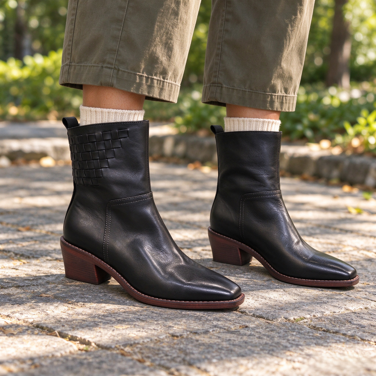 Black Washed Cowhide Block-Heel Ankle Boots