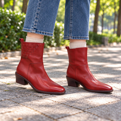 Red Washed Cowhide Woven-Detail Block-Heel Ankle Boots