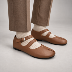 Brown Leather Split-Toe Mary Jane Flats worn on foot