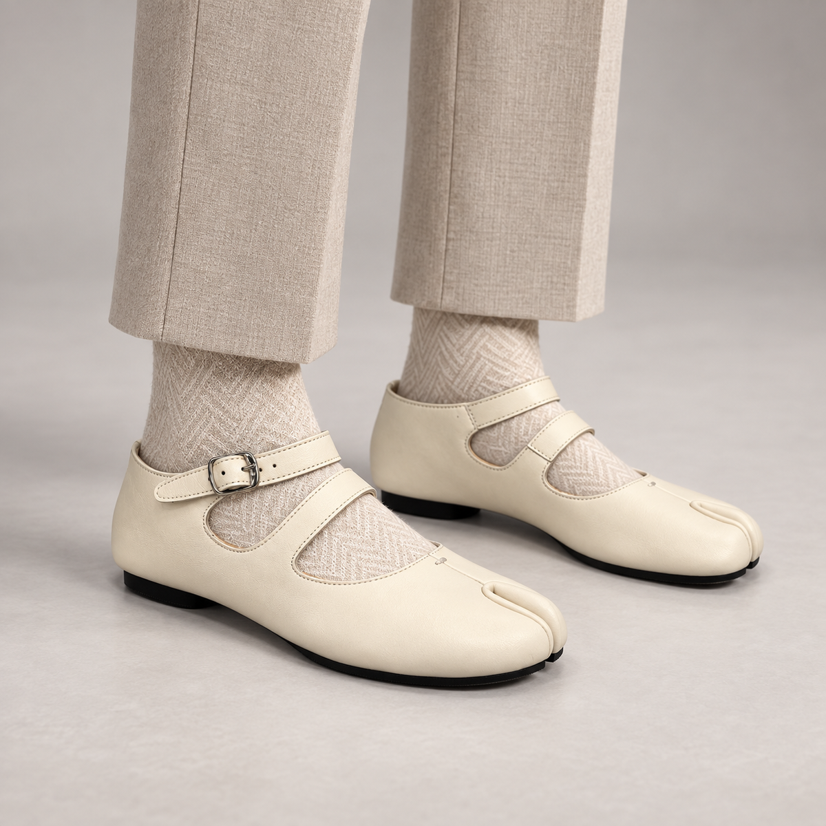 White Leather Split-Toe Mary Jane Flats worn on foot