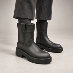 Black Leather Platform Mid-Calf Boots worn on foot
