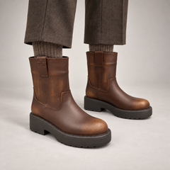 Brown Leather Platform Mid-Calf Boots worn on foot