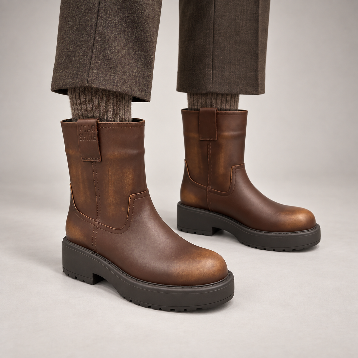 Brown Leather Platform Mid-Calf Boots worn on foot