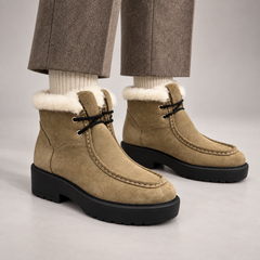 Beige Suede Wool-Lined Platform Ankle Boots worn on foot
