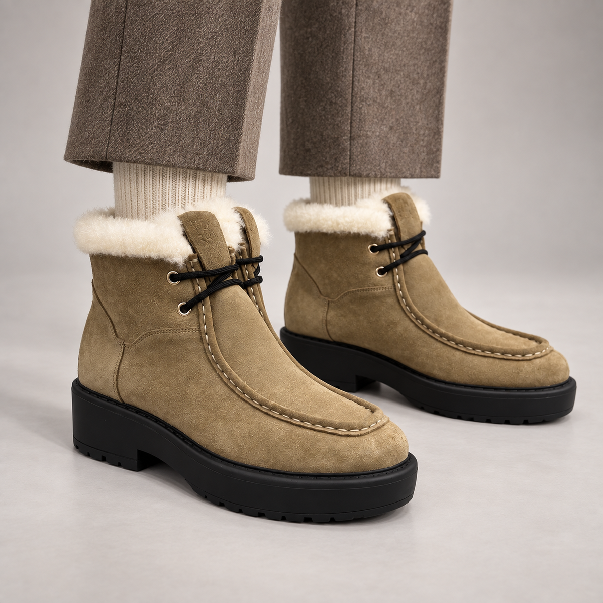 Beige Suede Wool-Lined Platform Ankle Boots worn on foot