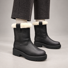 Black Leather Wool-Lined Platform Mid-Calf Boots worn on foot
