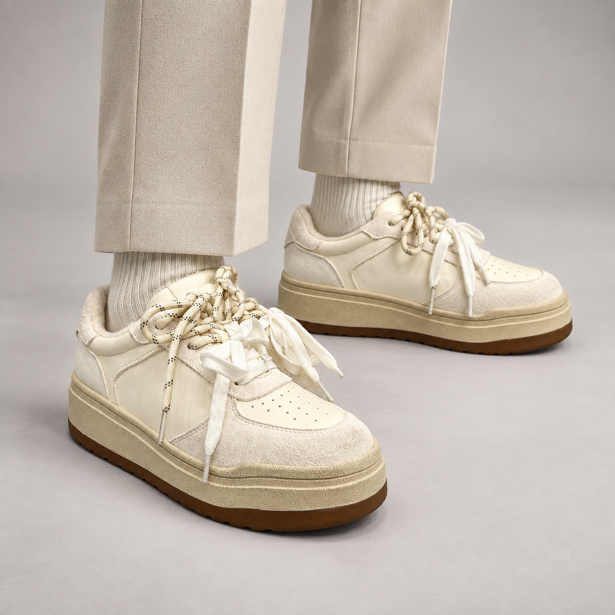 Cream Leather Chunky Lace-Up Sneakers worn on foot