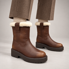 Brown Leather Wool-Lined Platform Mid-Calf Boots worn on foot