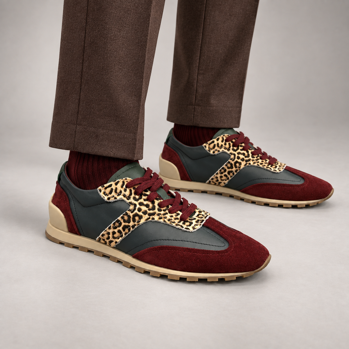 Multicolor Suede Leopard-Panel Sneakers worn on foot