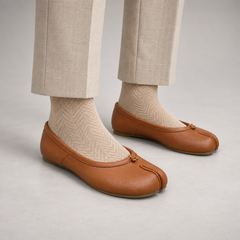 Tan Leather Split-Toe Bow Ballet Flats worn on foot