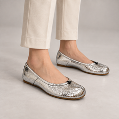 Silver Metallic Leather Split-Toe Ballet Flats worn on foot