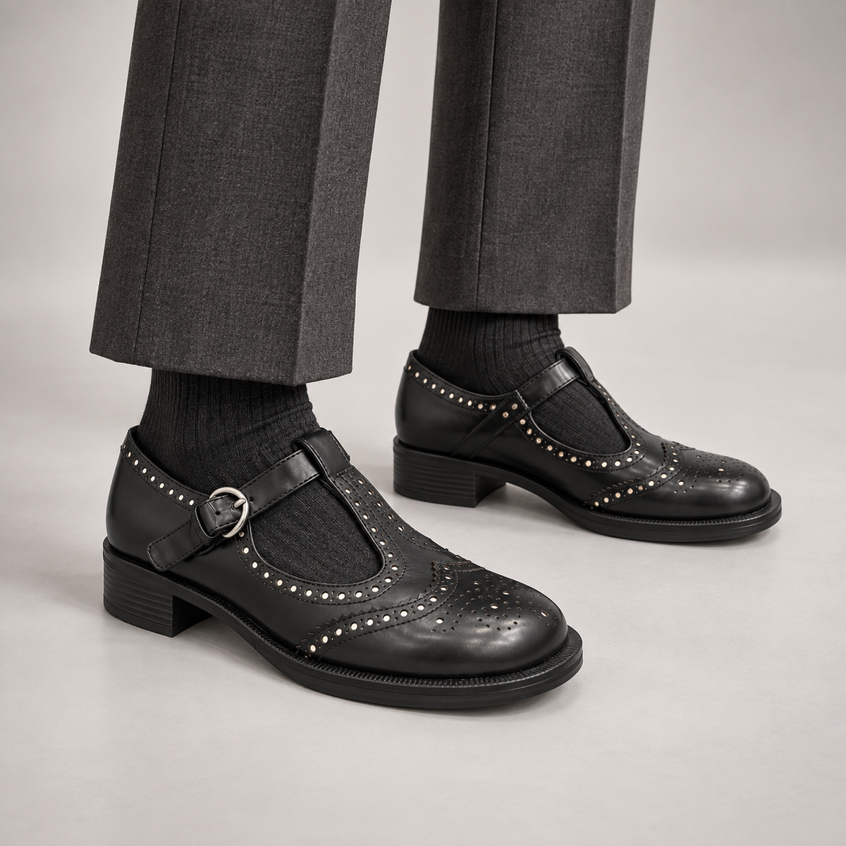 Black Leather Brogue Mary Jane Shoes worn on foot