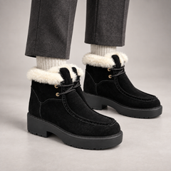 Black Suede Wool-Lined Platform Ankle Boots worn on foot