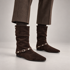 Dark Brown Suede Knee-High Harness Boots worn on foot