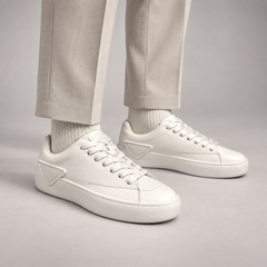 White Leather Minimal Lace-Up Sneakers worn on foot