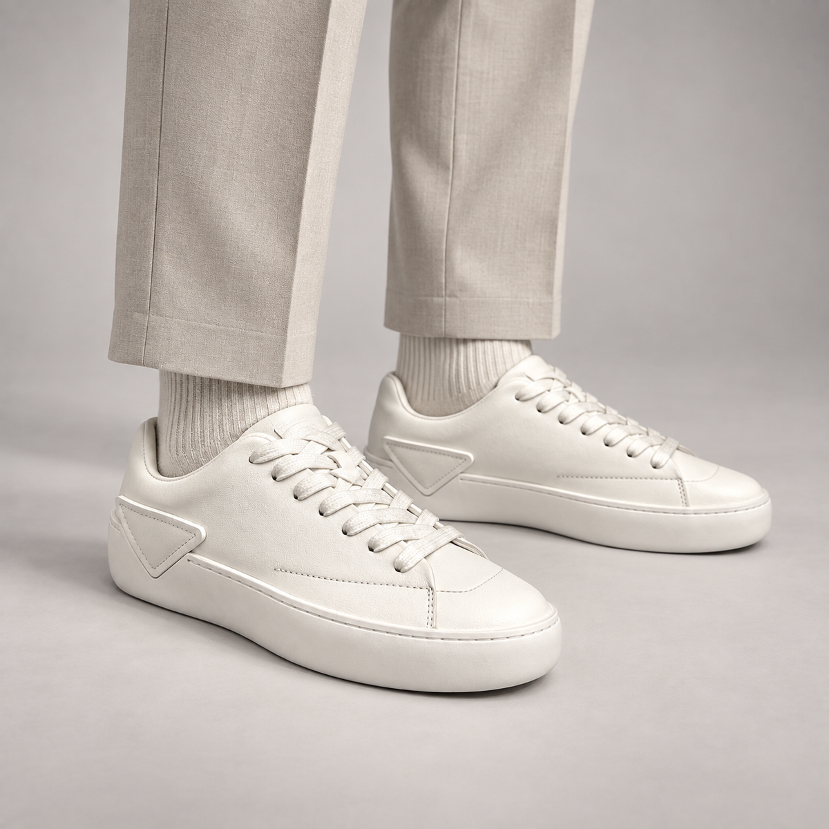 White Leather Minimal Lace-Up Sneakers worn on foot