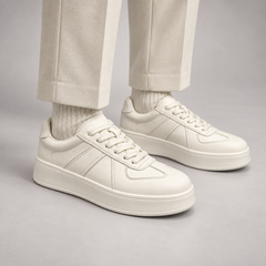 White Leather Lace-Up Platform Sneakers worn on foot