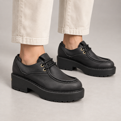 Black Leather Platform Moc-Toe Lace-Up Shoes worn on foot