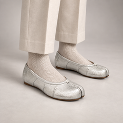 Silver Leather Split-Toe Bow Ballet Flats worn on foot