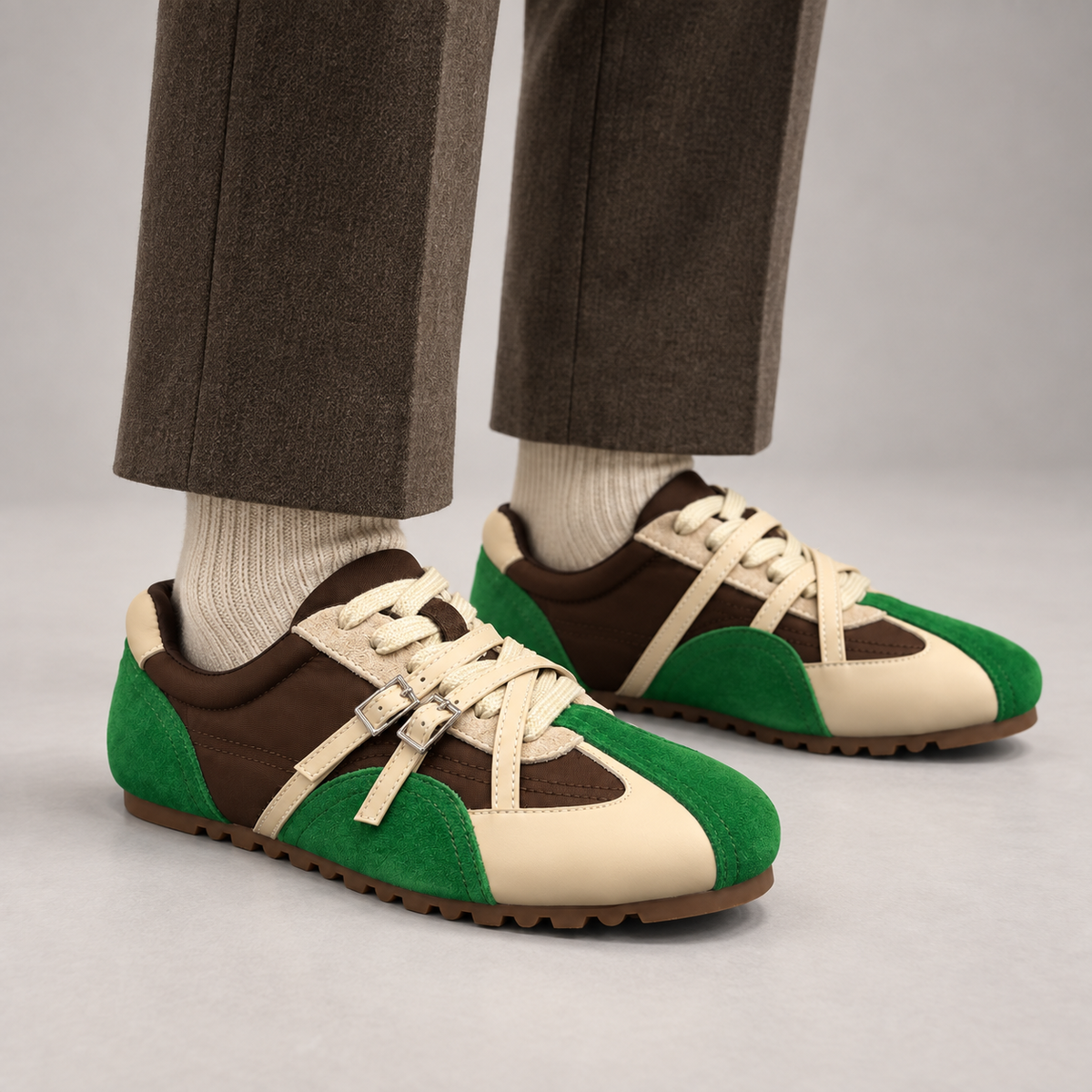 Green and Brown Suede Buckle-Detail Sneakers worn on foot