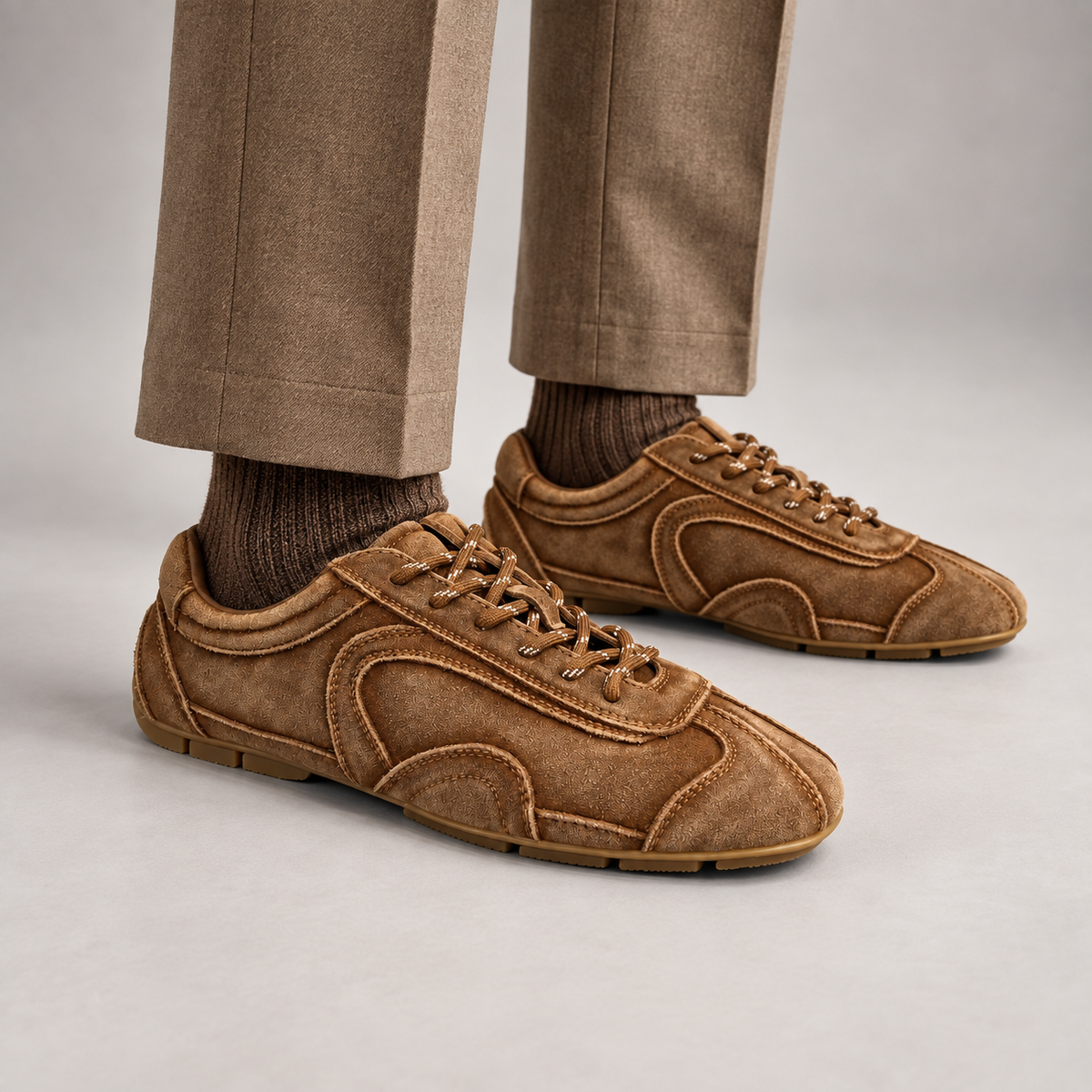 Brown Suede Retro Lace-Up Sneakers worn on foot