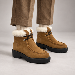 Tan Suede Wool-Lined Platform Ankle Boots worn on foot