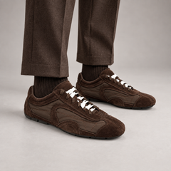 Dark Brown Suede Low-Top Lace-Up Sneakers worn on foot