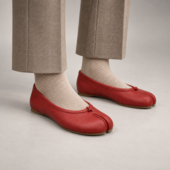 Red Leather Split-Toe Bow Ballet Flats worn on foot