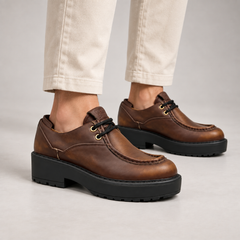 Brown Leather Platform Moc-Toe Lace-Up Shoes worn on foot