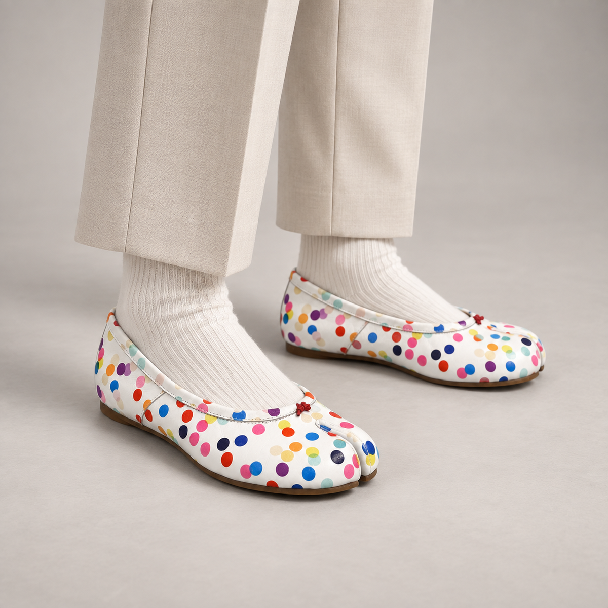 White Multicolor Polka-Dot Leather Ballet Flats worn on foot