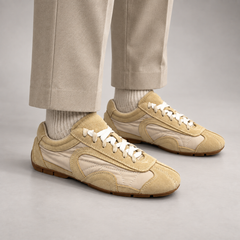 Beige Suede Retro Lace-Up Sneakers worn on foot