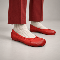 Red Leather Split-Toe Bow Ballet Flats worn on foot