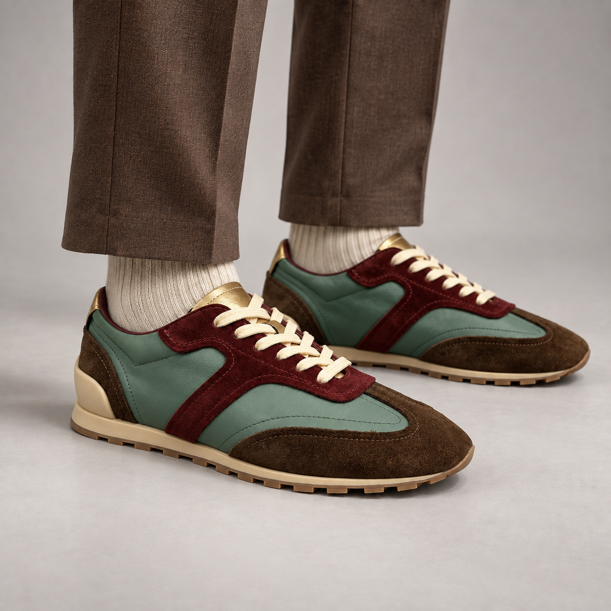 Multicolor Suede Panel Lace-Up Sneakers worn on foot