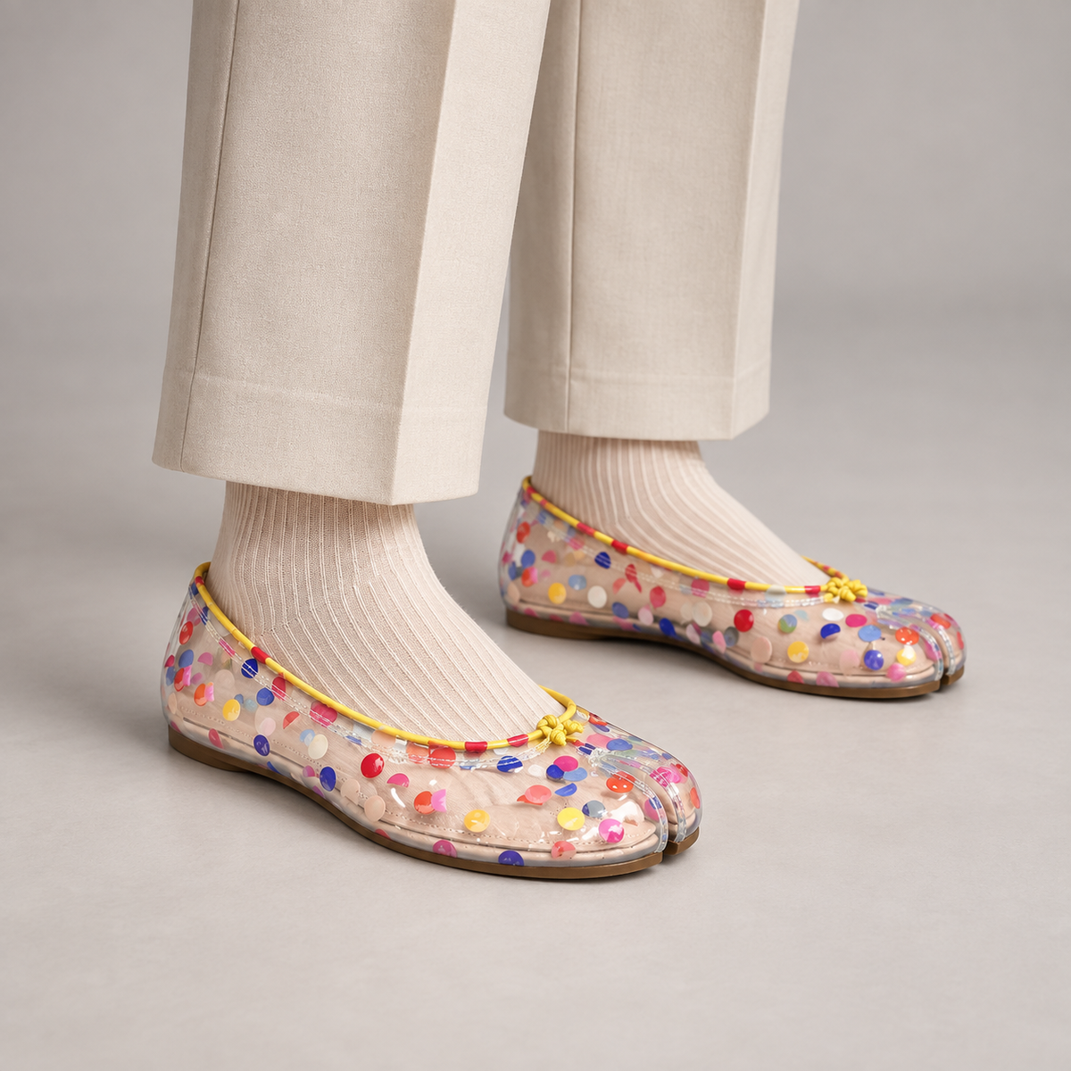 Multicolor Polka-Dot Clear PVC Ballet Flats worn on foot
