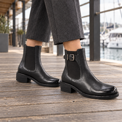 Black Washed Horse Leather Buckle Chelsea Ankle Boots