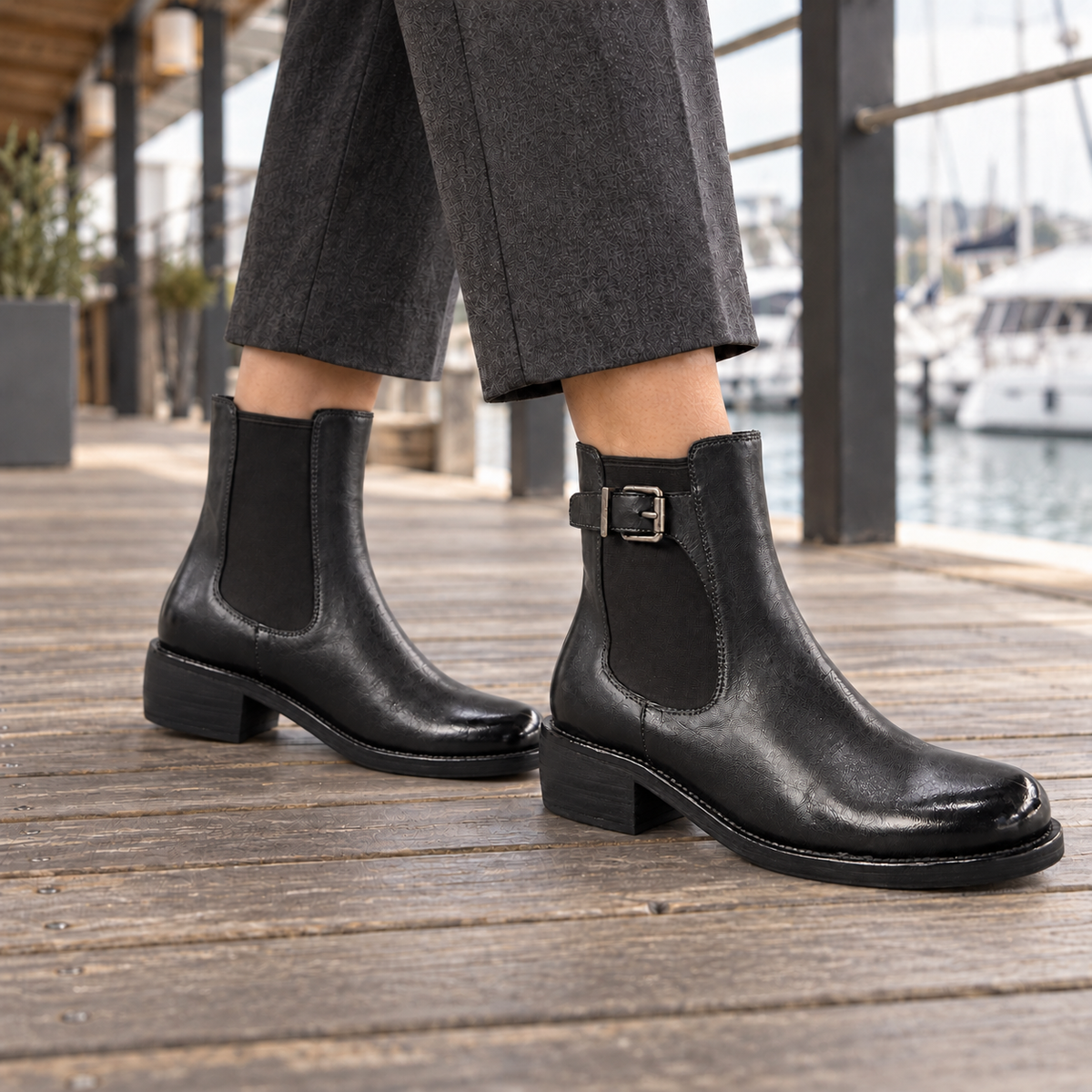 Black Washed Horse Leather Buckle Chelsea Ankle Boots